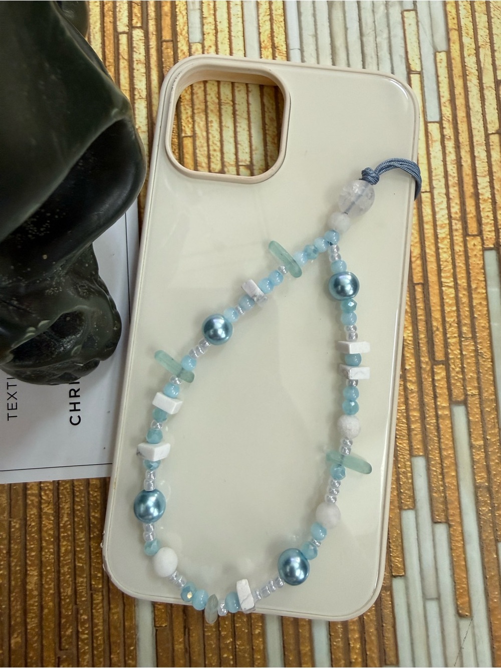 Beaded Phone Chain- Light Blue and White marble